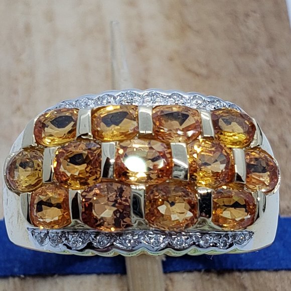 14K Gold ring with orange Sapphires and diamonds - Picture 2 of 13